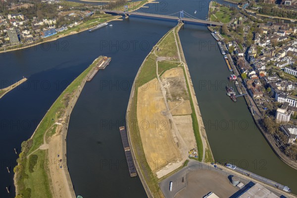 Aerial view, duisport harbour Duisburg, district Ruhrort, Vinckekanal forwarding island and Mercatorinsel, river Ruhr Ruhr estuary and river Rhine with Friedrich-Ebert-Bridge, Ruhrort, Duisburg, Ruhr area, North Rhine-Westphalia, Germany