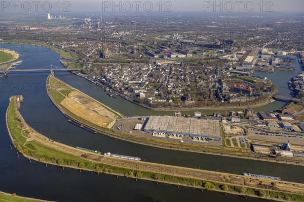 Aerial view, duisport harbour Duisburg, district Ruhrort, Vinckekanal forwarding island and Mercatorinsel, river Ruhr Ruhr estuary and river Rhine with Friedrich-Ebert-Bridge, Ruhrort, Duisburg, Ruhr area, North Rhine-Westphalia, Germany