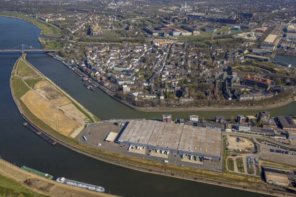 Aerial view, duisport harbour Duisburg, district Ruhrort, Vinckekanal forwarding island and Mercatorinsel, river Ruhr Ruhr estuary and river Rhine with Friedrich-Ebert-Bridge, Ruhrort, Duisburg, Ruhr area, North Rhine-Westphalia, Germany