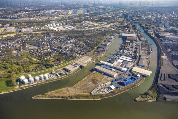 Aerial view, Neuenkamp parallel harbour and outer harbour, river Rhine, Hochfeld, Duisburg, Ruhr area, North Rhine-Westphalia, Germany