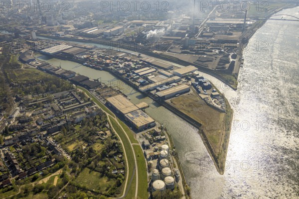 Aerial view, Neuenkamp parallel harbour and outer harbour, river Rhine, Hochfeld, Duisburg, Ruhr area, North Rhine-Westphalia, Germany
