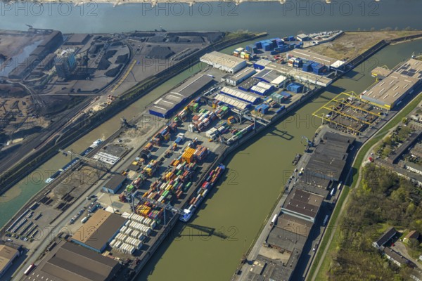 Aerial view, Neuenkamp parallel harbour and outer harbour, container terminal, river Rhine, Hochfeld, Duisburg, Ruhr area, North Rhine-Westphalia, Germany