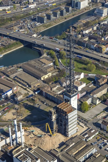 Aerial view, Neuenkamp parallel harbour and outer harbour, Duisburg municipal utility tower, demolition work next to the tower, Hochfeld, Duisburg, Ruhr area, North Rhine-Westphalia, Germany