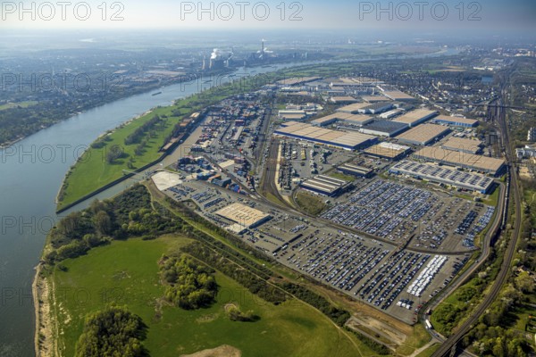 Aerial view, duisport harbour, logport I Rheinhausen, logport 1, container port, Duisburg harbour D3T Duisburg Trimodal Terminal, automobile logistics, river Rhine and distant view, Friemersheim, Duisburg, Ruhr area, North Rhine-Westphalia, Germany
