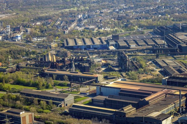 Aerial view, ArcelorMittal Hochfeld GmbH steel wire plant, dumping of red-hot material, Laar, Duisburg, Ruhr area, North Rhine-Westphalia, Germany
