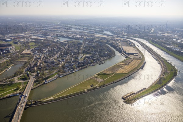 Aerial view, duisport harbour Duisburg, district Ruhrort, Vinckekanal forwarding island and Mercatorinsel, river Ruhr Ruhr estuary and river Rhine with Friedrich-Ebert-Bridge, Ruhrort, Duisburg, Ruhr area, North Rhine-Westphalia, Germany