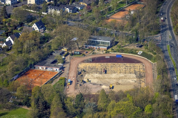 Aerial view, construction site with renovation and new construction of the stadium Friesenplatz of the Homberger Turnverein von 1878 e.V., tennis courts Homberger Tennisclub Grün Weiß e.V., Alt-Homberg, Duisburg, Ruhr area, North Rhine-Westphalia, Germany