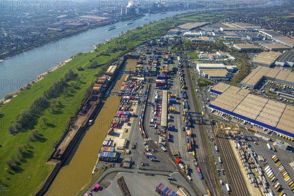 Aerial view, duisport harbour, logport I Rheinhausen, logport 1, container port, Duisburg harbour D3T Duisburg Trimodal Terminal, container terminal, automobile logistics, Friemersheim, Duisburg, Ruhr area, North Rhine-Westphalia, Germany