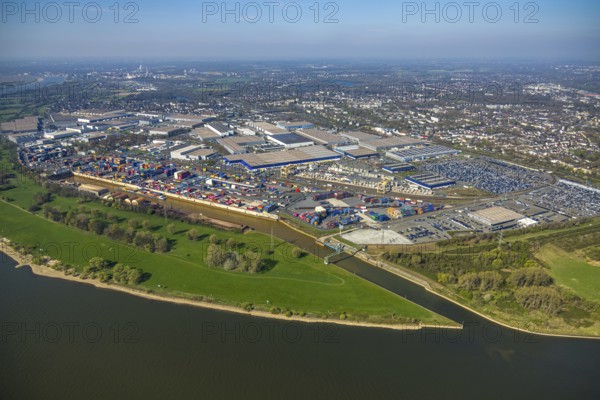 Aerial view, duisport harbour, logport I Rheinhausen, logport 1, container port, Duisburg harbour D3T Duisburg Trimodal Terminal, automobile logistics, river Rhine and distant view, Friemersheim, Duisburg, Ruhr area, North Rhine-Westphalia, Germany