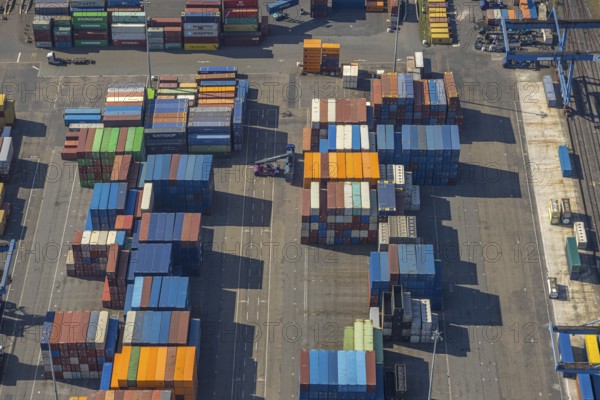 Aerial view, duisport port, logport I Rheinhausen, container port, Duisburg port D3T Duisburg Trimodal Terminal, container terminal, automobile logistics, Friemersheim, Duisburg, Ruhr area, North Rhine-Westphalia, Germany