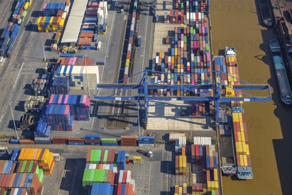 Aerial view, duisport port, logport I Rheinhausen, container port, Duisburg port D3T Duisburg Trimodal Terminal, container terminal and container ship, automobile logistics, Friemersheim, Duisburg, Ruhr area, North Rhine-Westphalia, Germany