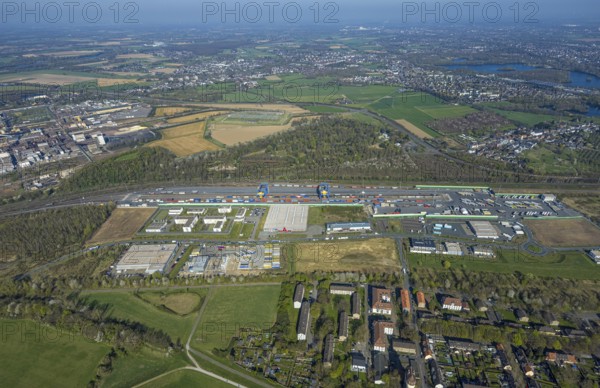 Aerial view, duisport, logport III Hohenbudberg, logport 3, industrial estate with Anssems.com trailer, Friemersheim, Duisburg, Ruhr area, North Rhine-Westphalia, Germany