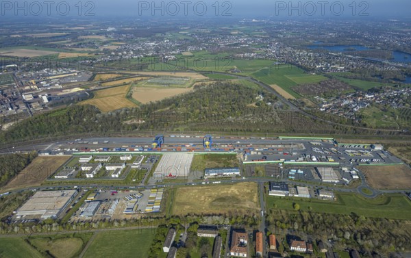 Aerial view, duisport, logport III Hohenbudberg, logport 3, industrial estate with Anssems.com trailer, Friemersheim, Duisburg, Ruhr area, North Rhine-Westphalia, Germany