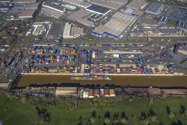 Aerial view, duisport port, logport I Rheinhausen, container port, Duisburg port D3T Duisburg Trimodal Terminal, container terminal and container ship, automobile logistics, Friemersheim, Duisburg, Ruhr area, North Rhine-Westphalia, Germany