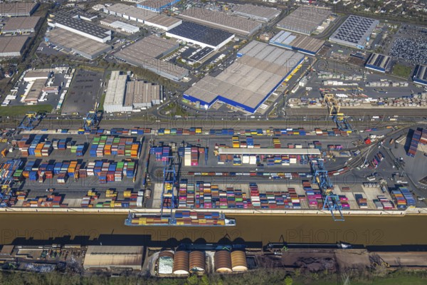 Aerial view, duisport port, logport I Rheinhausen, container port, Duisburg port D3T Duisburg Trimodal Terminal, container terminal and container ship, automobile logistics, Friemersheim, Duisburg, Ruhr area, North Rhine-Westphalia, Germany