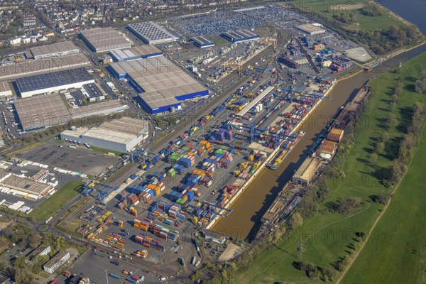 Aerial view, duisport port, logport I Rheinhausen, container port, Duisburg port D3T Duisburg Trimodal Terminal, container terminal and container ship, automobile logistics, Friemersheim, Duisburg, Ruhr area, North Rhine-Westphalia, Germany