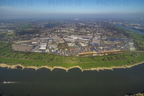 Aerial view, duisport, logport I Rheinhausen, logport 1, container port, Duisburg harbour D3T Duisburg Trimodal Terminal, automobile logistics, Friemersheim, Duisburg, Ruhr area, North Rhine-Westphalia, Germany