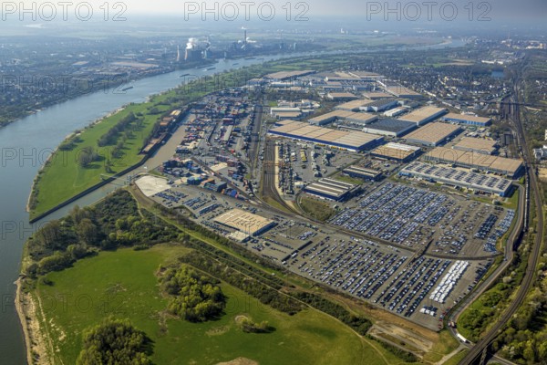 Aerial view, duisport harbour, logport I Rheinhausen, logport 1, container port, Duisburg harbour D3T Duisburg Trimodal Terminal, automobile logistics, river Rhine and distant view, Friemersheim, Duisburg, Ruhr area, North Rhine-Westphalia, Germany