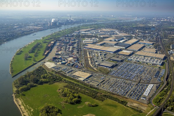 Aerial view, duisport harbour, logport I Rheinhausen, logport 1, container port, Duisburg harbour D3T Duisburg Trimodal Terminal, automobile logistics, river Rhine and distant view, Friemersheim, Duisburg, Ruhr area, North Rhine-Westphalia, Germany