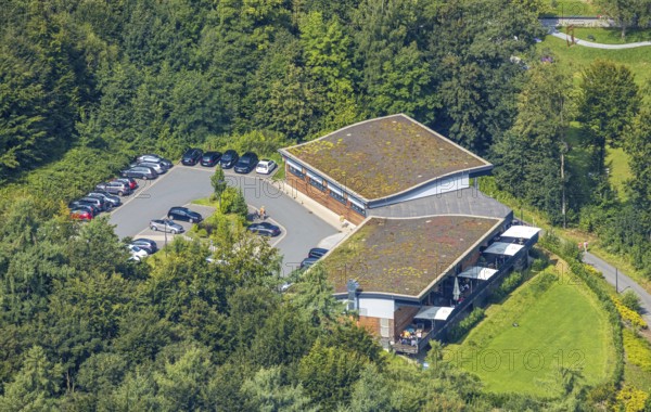 Aerial view, H1 am See restaurant with green roof, car park, Berghausen, Meschede, Sauerland, North Rhine-Westphalia, Germany, outdoor gastronomy, café, DE, food and drink, Europe, inn, Hennetalsperre, aerial view, aerial photography, aerial photography, restaurant, Ruhr area, sunshades, overview, bird's-eye view, overview