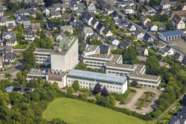 Aerial view, Deutsche Telekom site, Meschede town, Meschede, Sauerland, North Rhine-Westphalia, Germany, DE, Europe, commercial enterprise, commercial area, commercial area, commercial property, commercial site, commercial use, aerial photograph, aerial photography, aerial photography, Ruhr area, overview, bird's-eye view, birds-eyes view, overview