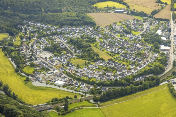 Aerial view, single-family house residential area, local view at Bahnhofstraße, river Ruhr Untergraben and railway line, Freienohl, Meschede, Sauerland, North Rhine-Westphalia, Germany, DE, Europe, property tax, real estate, aerial view, aerial photography, aerial photography, Ruhr area, overview, bird's-eye view, residential complex, living and living, residential area, residential quality, residential neighbourhood, housing estate, residential area, birds-eyes view, overview