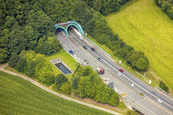 Aerial view, construction site at the motorway A 46 with tunnel entrance and tunnel exit Olpe, Meschede, Sauerland, North Rhine-Westphalia, Germany, DE, Europe, aerial view, aerial photography, aerial photography, Ruhr area, road traffic, tunnel, tunnel entrance of the motorway 46 near Olpe, overview, bird's-eye view, overview