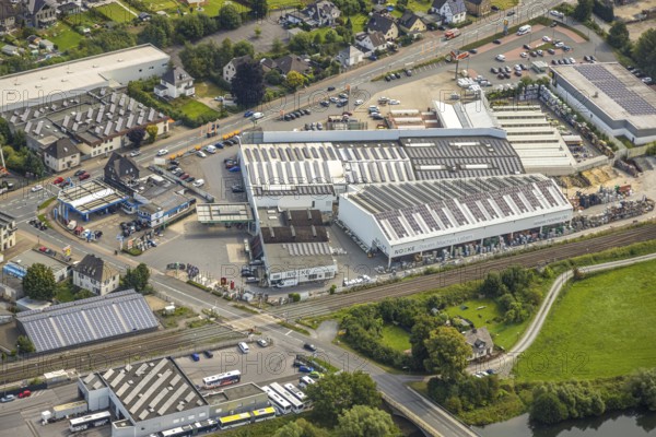 Aerial view, commercial area Bahnhofstraße, Wennemen, Meschede, Sauerland, North Rhine-Westphalia, Germany, DE, Europe, commercial enterprise, commercial space, commercial area, commercial property, commercial location, commercial use, aerial photograph, aerial photography, aerial photography, Ruhr area, overview, bird's-eye view, birds-eyes view, overview