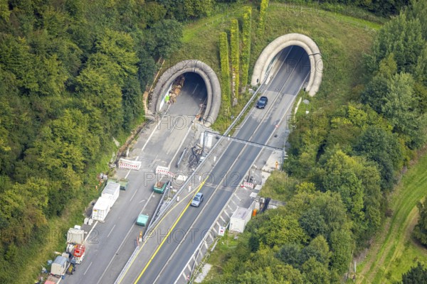 Aerial view, construction site at the motorway A 46 with tunnel entrance and tunnel exit Freienohl, Meschede, Sauerland, North Rhine-Westphalia, Germany, DE, Europe, aerial view, aerial photography, aerial photography, Ruhr area, road traffic, tunnel, tunnel entrance of the motorway 46 near Freienohl, overview, bird's-eye view, overview