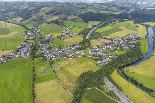 Aerial view, construction site at the motorway A 46 with tunnel entrance and tunnel exit Olpe, Meschede, Sauerland, North Rhine-Westphalia, Germany, DE, Europe, aerial view, aerial photography, aerial photography, Ruhr area, road traffic, tunnel, tunnel entrance of the motorway 46 near Olpe, overview, bird's-eye view, overview