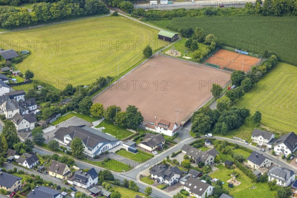 Aerial view, sports field and tennis court Am Anger, Aschenplatz SC Olpe, Olpe, Meschede, Sauerland, North Rhine-Westphalia, Germany, DE, Europe, football, football field, football stadium, aerial view, aerial photography, aerial photography, Ruhr area, sports, sports facility, sports field, tennis, tennis facility, tennis court, tennis courts, tennis club, overview, bird's-eye view, bird's-eye view, overview