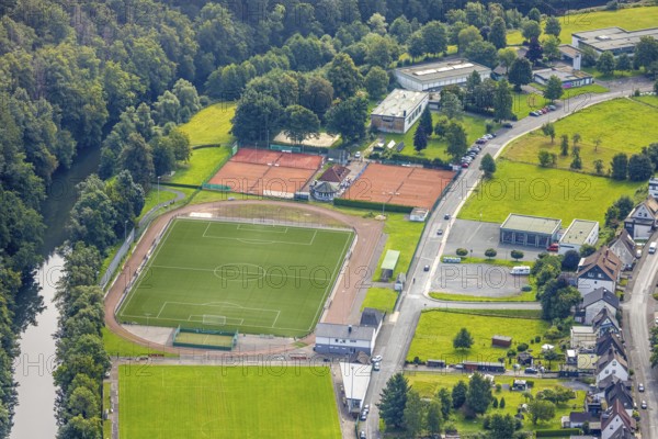 Aerial view, football stadium and tennis court, Küppelkampfbahn - sports field facility of TuRa Freienohl, Im Ohl, Freienohl, Meschede, Sauerland, North Rhine-Westphalia, Germany, DE, Europe, football, football field, football stadium, aerial view, aerial photography, aerial photography, Ruhr area, sport, sports facility, sports field, tennis, tennis facility, tennis court, tennis courts, tennis club, overview, bird's-eye view, overview