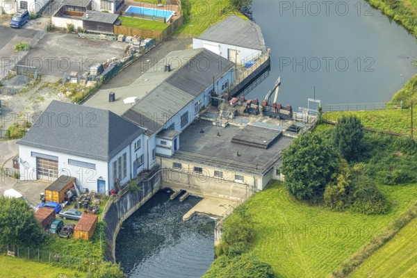 Aerial view, hydropower plant Freienohl at the river Ruhr Untergraben, Freienohl, Meschede, Sauerland, North Rhine-Westphalia, Germany, DE, Europe, river, power plant, aerial view, aerial photography, aerial photography, Ruhr area, overview, bird's eye view, hydropower plant, birds-eyes view, overview