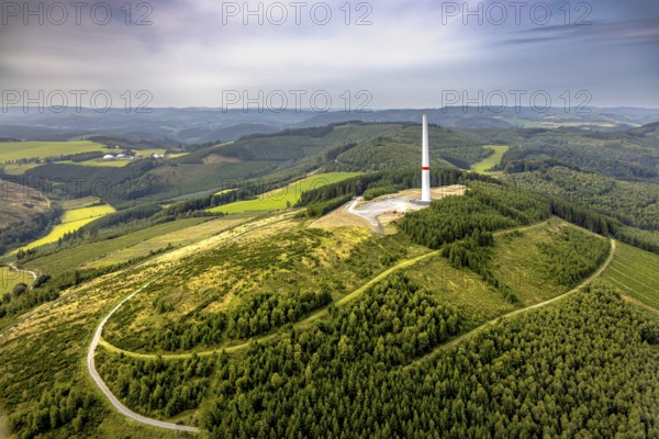 Aerial view, construction site with construction of a wind turbine on the Homberg, Calle, Meschede, Sauerland, North Rhine-Westphalia, Germany, alternative energy, construction work, construction area, construction site, building site, construction project, construction site, DE, Europe, aerial view, aerial photography, aerial photography, new construction, Ruhr area, overview, bird's eye view, wind turbine, wind energy, wind power, wind power plant, wind turbine, birds-eyes view, overview