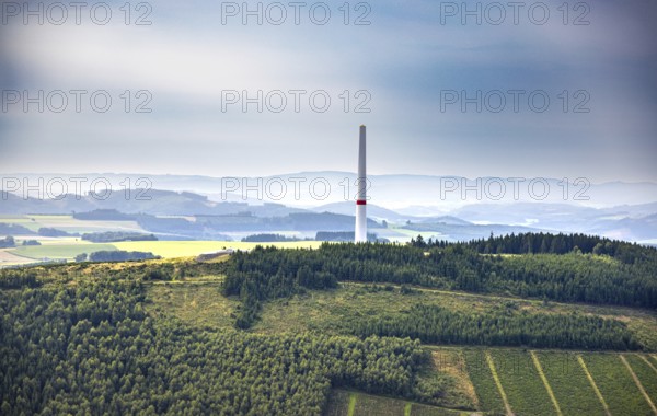 Aerial view, construction site with construction of a wind turbine on the Homberg, Calle, Meschede, Sauerland, North Rhine-Westphalia, Germany, alternative energy, construction work, construction area, construction site, building site, construction project, construction site, DE, Europe, aerial view, aerial photography, aerial photography, new construction, Ruhr area, overview, bird's eye view, wind turbine, wind energy, wind power, wind power plant, wind turbine, birds-eyes view, overview