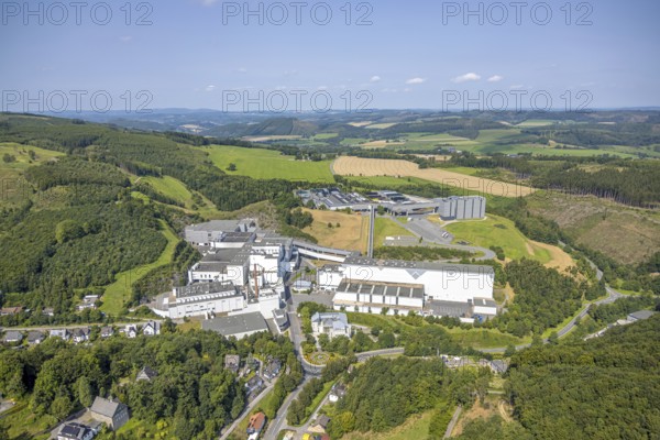 Aerial view, Brewery C. & A. VELTINS GmbH in picturesque landscape, Grevenstein, Meschede, Sauerland, North Rhine-Westphalia, Germany, DE, Europe, commercial enterprise, commercial space, commercial area, commercial property, commercial site, commercial use, industrial site, aerial view, aerial photography, aerial photography, aerial photography, Ruhr area, overview, bird's-eye view, birds-eyes view, overview