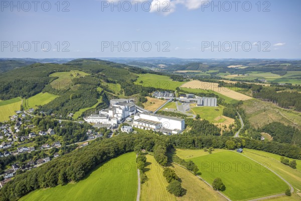 Aerial view, Brewery C. & A. VELTINS GmbH in picturesque landscape, Grevenstein, Meschede, Sauerland, North Rhine-Westphalia, Germany, DE, Europe, commercial enterprise, commercial space, commercial area, commercial property, commercial site, commercial use, industrial site, aerial view, aerial photography, aerial photography, aerial photography, Ruhr area, overview, bird's-eye view, birds-eyes view, overview