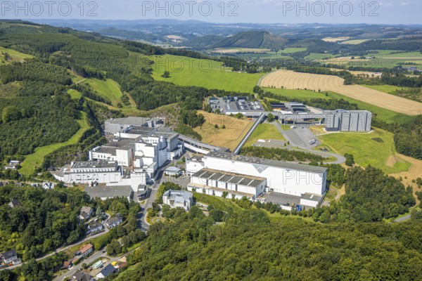 Aerial view, Brewery C. & A. VELTINS GmbH in picturesque landscape, Grevenstein, Meschede, Sauerland, North Rhine-Westphalia, Germany, DE, Europe, commercial enterprise, commercial space, commercial area, commercial property, commercial site, commercial use, industrial site, aerial view, aerial photography, aerial photography, aerial photography, Ruhr area, overview, bird's-eye view, birds-eyes view, overview