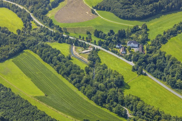 Aerial view, Haus Blessenohl iCastle and castle in the forest, former manor, bridge construction site on the river Wenne, Wenholthausen, Eslohe, Sauerland, North Rhine-Westphalia, Germany, construction work, construction area, building site, building plots, construction project, construction site, bridge, castle, DE, Europe, manor house, manor building, aerial photograph, aerial photography, aerial photography, Meschede, Ruhr area, castle, overview, bird's eye view, birds-eyes view, overview