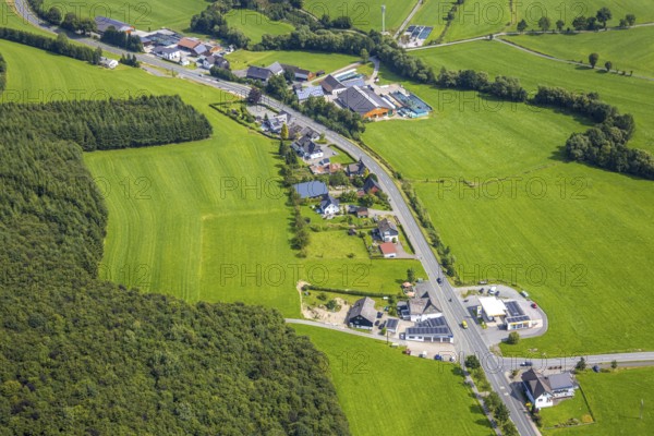 Aerial view, residential area, local view, district Nichtinghausen, Eslohe, Sauerland, North Rhine-Westphalia, Germany, DE, Europe, property tax, real estate, aerial view, aerial photography, aerial photography, Meschede, Ruhr area, overview, bird's-eye view, residential complex, housing and living, residential area, quality of living, residential neighbourhood, housing estate, residential district, birds-eyes view, overview