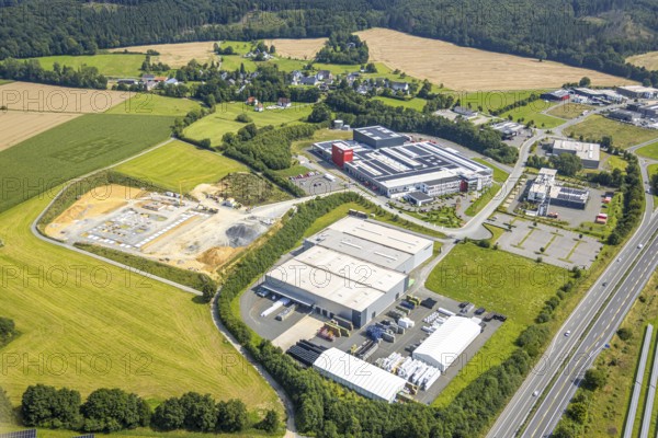 Aerial view, industrial estate Enste-Nord, construction site company settlement Steinwiese, Enste, Meschede, Sauerland, North Rhine-Westphalia, Germany, motorway A46, motorway junction Enste, construction work, construction area, construction site, building plots, construction project, construction site, DE, Europe, commercial enterprises, commercial area, commercial park, commercial site, commercial use, industrial area, industrial site, aerial view, aerial photography, aerial photography, new construction, Ruhr area, overview, bird's-eye view, birds-eyes view, overview