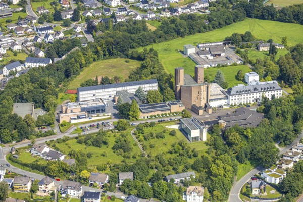 Aerial view, Königsmünster Abbey with Benedictine grammar school, monastery, Meschede town, Meschede, Sauerland, North Rhine-Westphalia, Germany, education, educational institution, DE, Europe, grammar school, monastery complex, educational institute, aerial view, aerial photography, aerial photography, Ruhr area, school, overview, bird's-eye view, overview