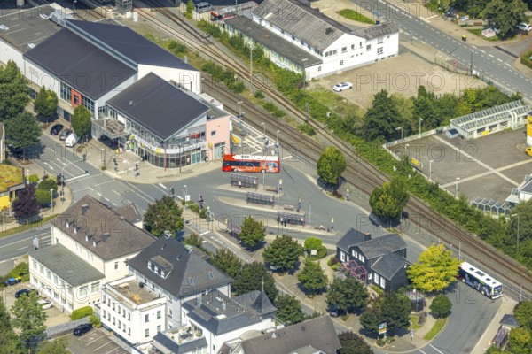 Aerial view, McDonald's and Tourist-Information at the bus station Le-Puy-Straße, Meschede-Stadt, Meschede, Sauerland, North Rhine-Westphalia, Germany, DE, Europe, aerial view, aerial photography, aerial photography, Ruhr area, overview, bird's eye view, ZOB bus station, birds-eyes view, overview