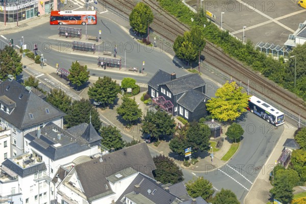 Aerial view, Tourist-Information at the bus station Le-Puy-Straße, Meschede-Stadt, Meschede, Sauerland, North Rhine-Westphalia, Germany, DE, Europe, aerial view, aerial photography, aerial photography, Ruhr area, overview, bird's eye view, ZOB bus station, birds-eyes view, overview
