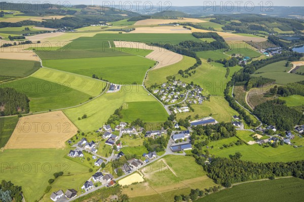 Aerial view, residential area local view district Erflinghausen, surrounded by meadows and fields, Enkhausen, Meschede, Sauerland, North Rhine-Westphalia, Germany, DE, Europe, hilly landscape, hilly landscape and distant view, aerial view, aerial photography, aerial photography, Ruhr area, overview, bird's-eye view, meadows and fields, meadow area, meadow landscape, birds-eyes view, overview