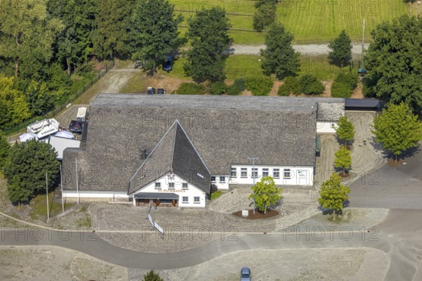 Aerial view, Schützenhalle Reister Keller St. Pankratius, Schützenbruderschaft St. Pankratius 1920 Reiste e. V., Eslohe, Sauerland, North Rhine-Westphalia, Germany, customs, DE, Europe, aerial view, aerial photography, aerial photography, Meschede, Ruhr area, Schützenbruderschaft, Schützengesellschaft, Schützenhalle, Schützenverein, tradition, overview, bird's eye view, birds-eyes view, overview
