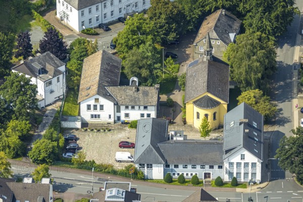 Aerial view, Christuskirche and parish hall, HSK music school, Meschede town, Meschede, Sauerland, North Rhine-Westphalia, Germany, place of worship, DE, Europe, religious community, place of worship, holy place, church, parish, denomination, aerial view, aerial photography, aerial photography, religion, religious site, Ruhr area, overview, bird's-eye view, birds-eyes view, overview
