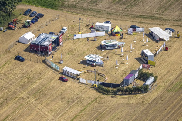 Aerial view, music event fairground with stubble field party in Altenhellefeld, Sundern, Sauerland, North Rhine-Westphalia, Germany, DE, Europe, aerial view, aerial photography, aerial photography, Meschede, Ruhr area, overview, bird's eye view, birds-eyes view, overview