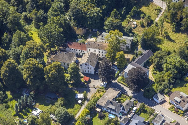 Aerial view, commercial complex Auf der Volme 12 in Oberbrügge, Halver, Sauerland, North Rhine-Westphalia, Germany, DE, Europe, commercial enterprise, commercial space, commercial area, commercial property, commercial location, commercial use, Kierspe, aerial view, aerial photography, aerial photography, Ruhr area, overview, bird's-eye view, birds-eyes view, overview
