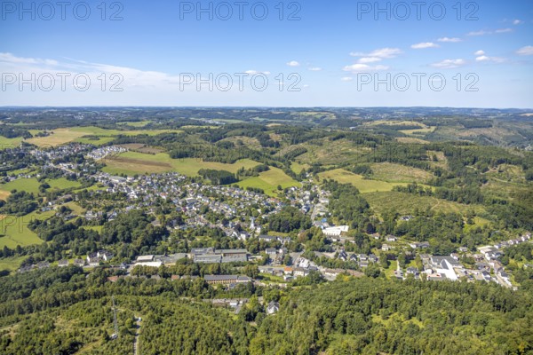 Aerial view, residential area local view district Oberbrügge and catholic church St. Georg Oberbrügge, Halver, Sauerland, North Rhine-Westphalia, Germany, place of worship, DE, Europe, religious community, place of worship, holy place, Kierspe, church, parish, denomination, aerial view, aerial photography, aerial photography, religion, religious site, Ruhr area, overview, bird's-eye view, birds-eyes view, overview